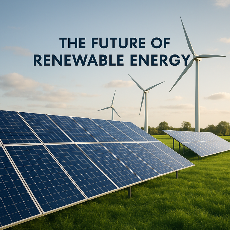 The Future of Renewable Energy showcasing solar panels, wind turbines, and futuristic clean energy tech